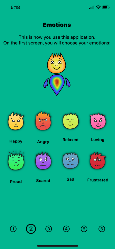 A mobile app screen displays nine cartoon faces representing emotions: Happy, Angry, Relaxed, Loving, Proud, Scared, Sad, and Frustrated, with instructions at the top.