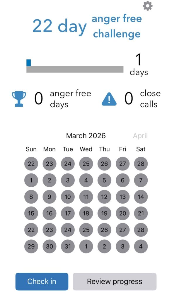 Screenshot of a 22-day anger free challenge tracker showing 1 day completed, 0 anger free days, 0 close calls, and a calendar for March 2026 with all dates in gray.