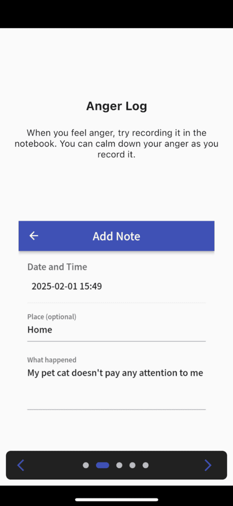 Screenshot of an anger log entry noting the date, time, place as "Home," and stating: "My pet cat doesn't pay any attention to me.
