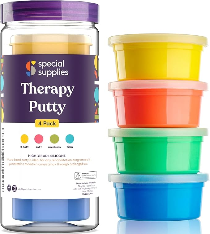 A container labeled "Therapy Putty 4 Pack" is shown next to four stacked tubs of putty in yellow, red, green, and blue colors.
