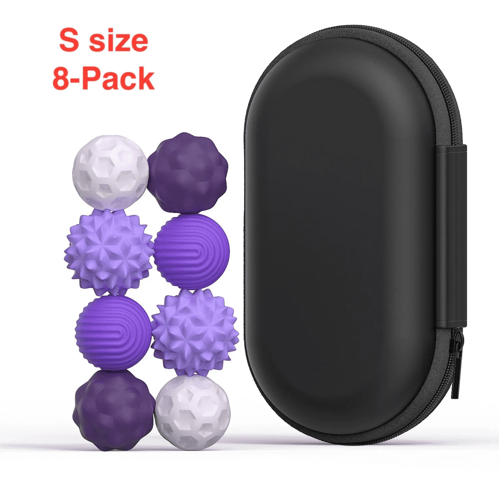 A black zippered carrying case next to eight small textured massage balls in purple and white, with text "S size 8-Pack" in red.