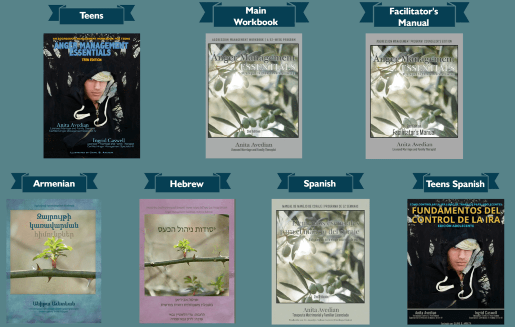 A selection of anger management books is displayed in various editions, including Teens, Main Workbook, Facilitator’s Manual, and translations in Armenian, Hebrew, and Spanish.