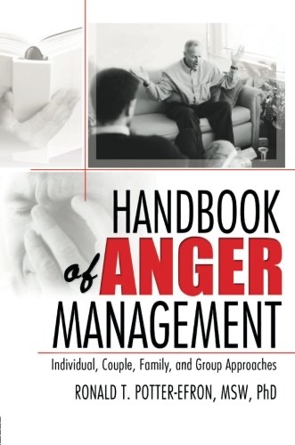 Book cover of "Handbook of Anger Management" by Ronald T. Potter-Efron, showing people in discussion and reading, with bold red lettering highlighting the word "ANGER.