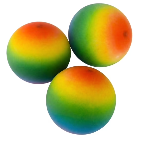 Three spherical balls with a rainbow gradient pattern on a white background.