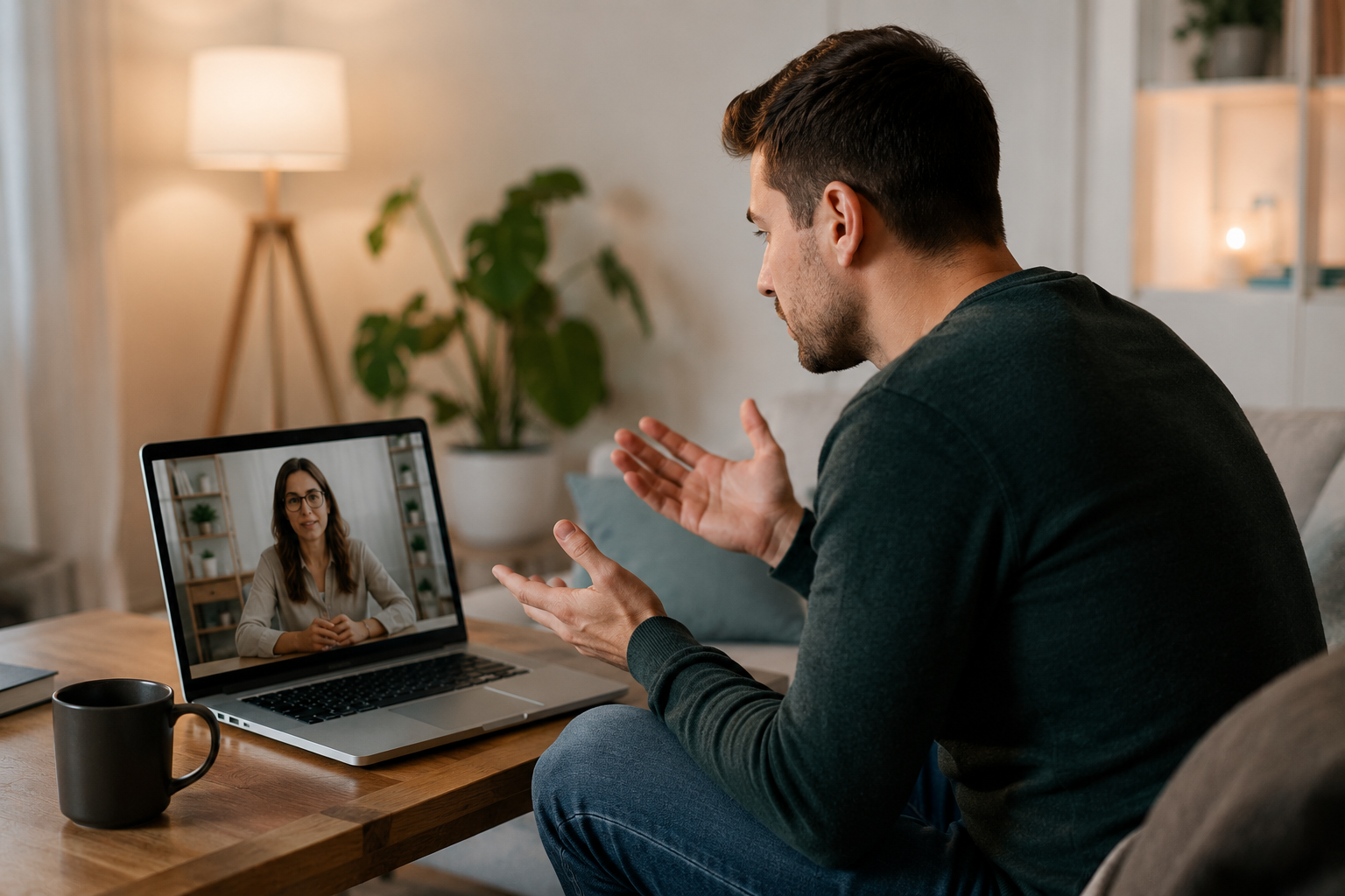 A man sits on a couch having a video call with a woman on his laptop. He gestures with his hands while talking; a coffee mug sits on the table in front of him.