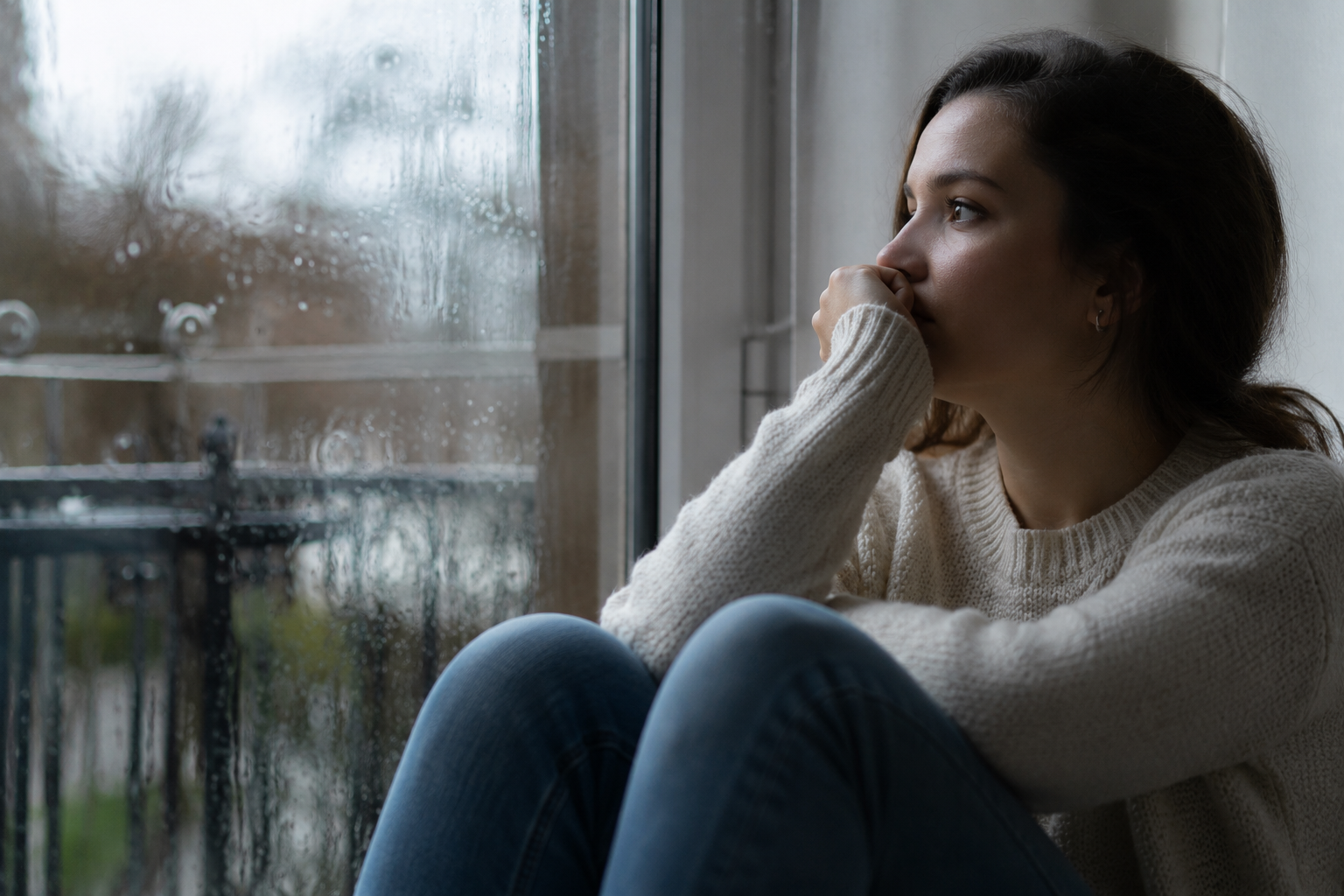 A woman in a sweater sits by a window on a rainy day, looking outside with a thoughtful expression and her hand partially covering her mouth.