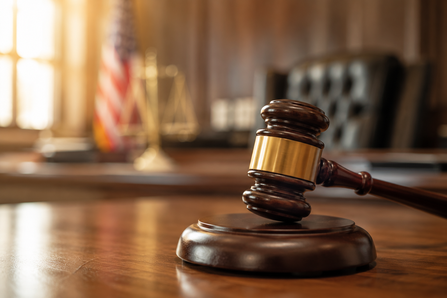 A judge’s gavel rests on a wooden table in a courtroom, with the American flag and legal scales visible in the background.