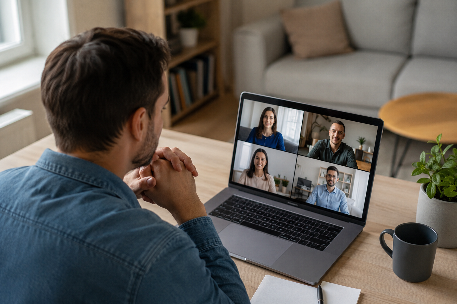 A man sits at a desk and participates in a video call with four people displayed on his laptop screen.