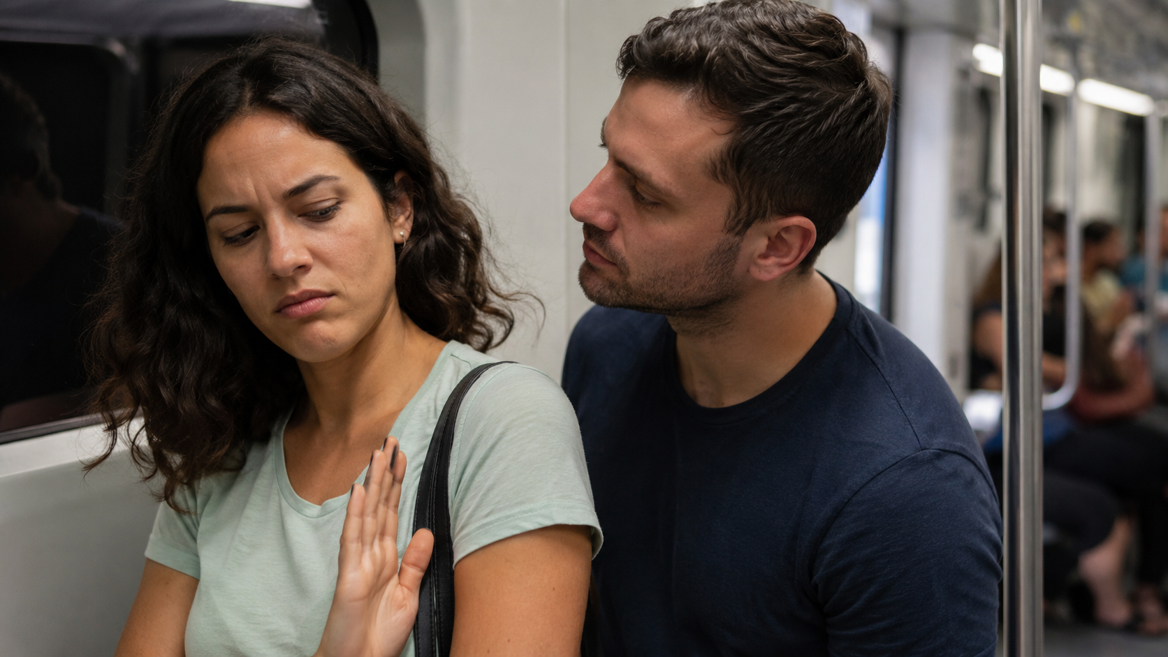 A woman on a subway looks uncomfortable and raises her hand to reject a man standing very close to her.