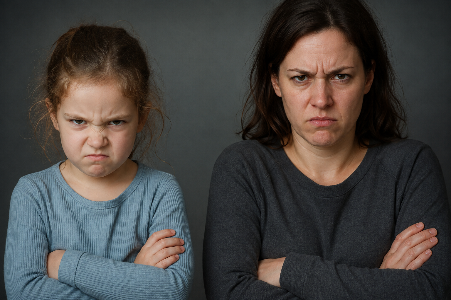 A woman and a young girl stand side by side with arms crossed, both looking directly at the camera with angry facial expressions against a plain dark background.